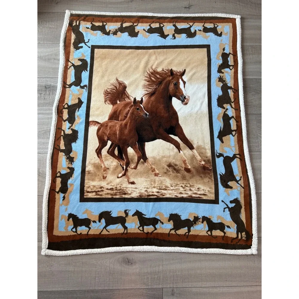 Running Horses Western Plush Sherpa Throw Blanket Equestrian Cabin Decor